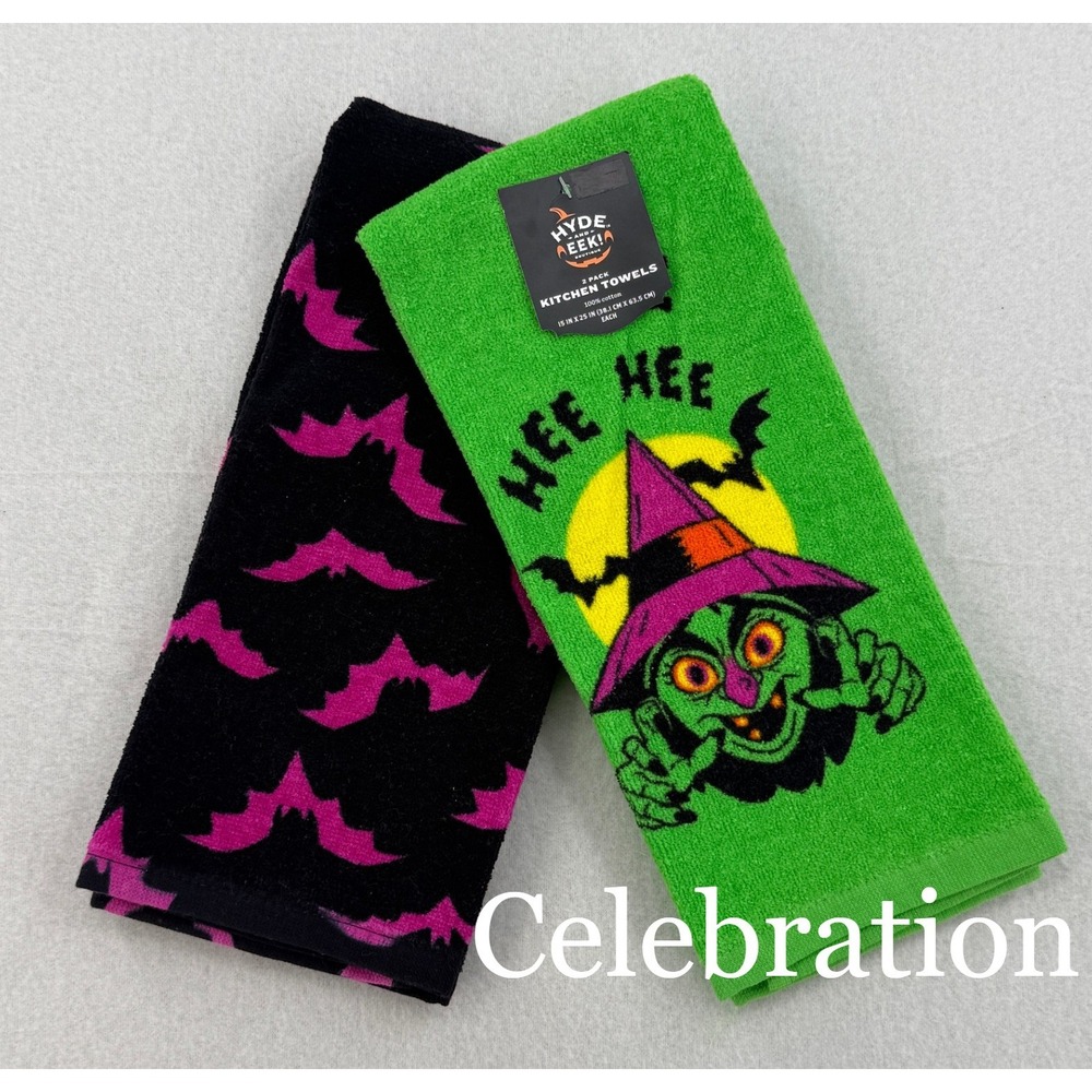 Hyde and Eek Halloween Kitchen Towels 2 Pack Witch Bats Green Black Pink Cotton